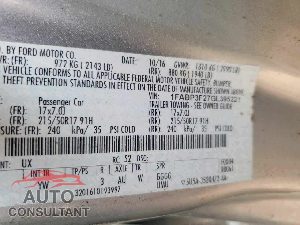 FORD FOCUS 2016 - 1FADP3F27GL395221