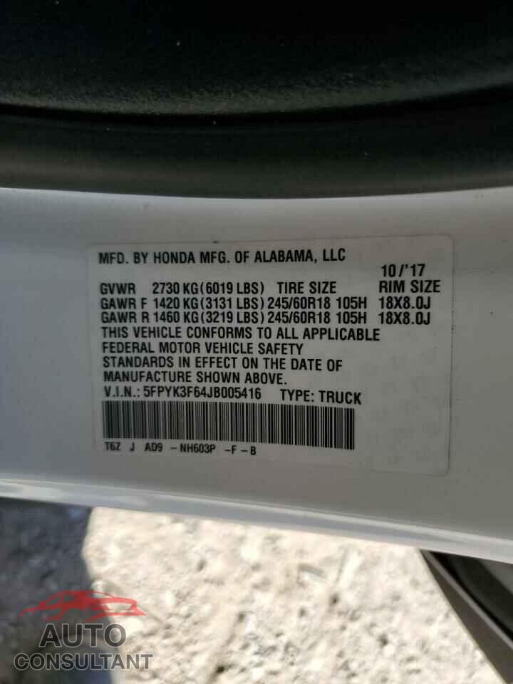 HONDA RIDGELINE 2018 - 5FPYK3F64JB005416