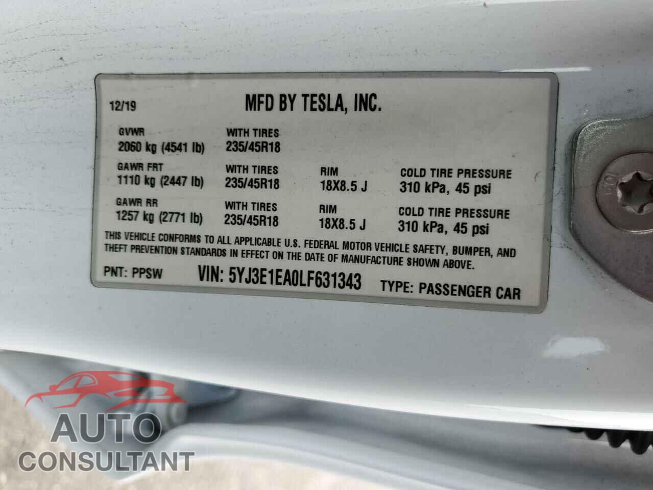 TESLA MODEL 3 2020 - 5YJ3E1EA0LF631343