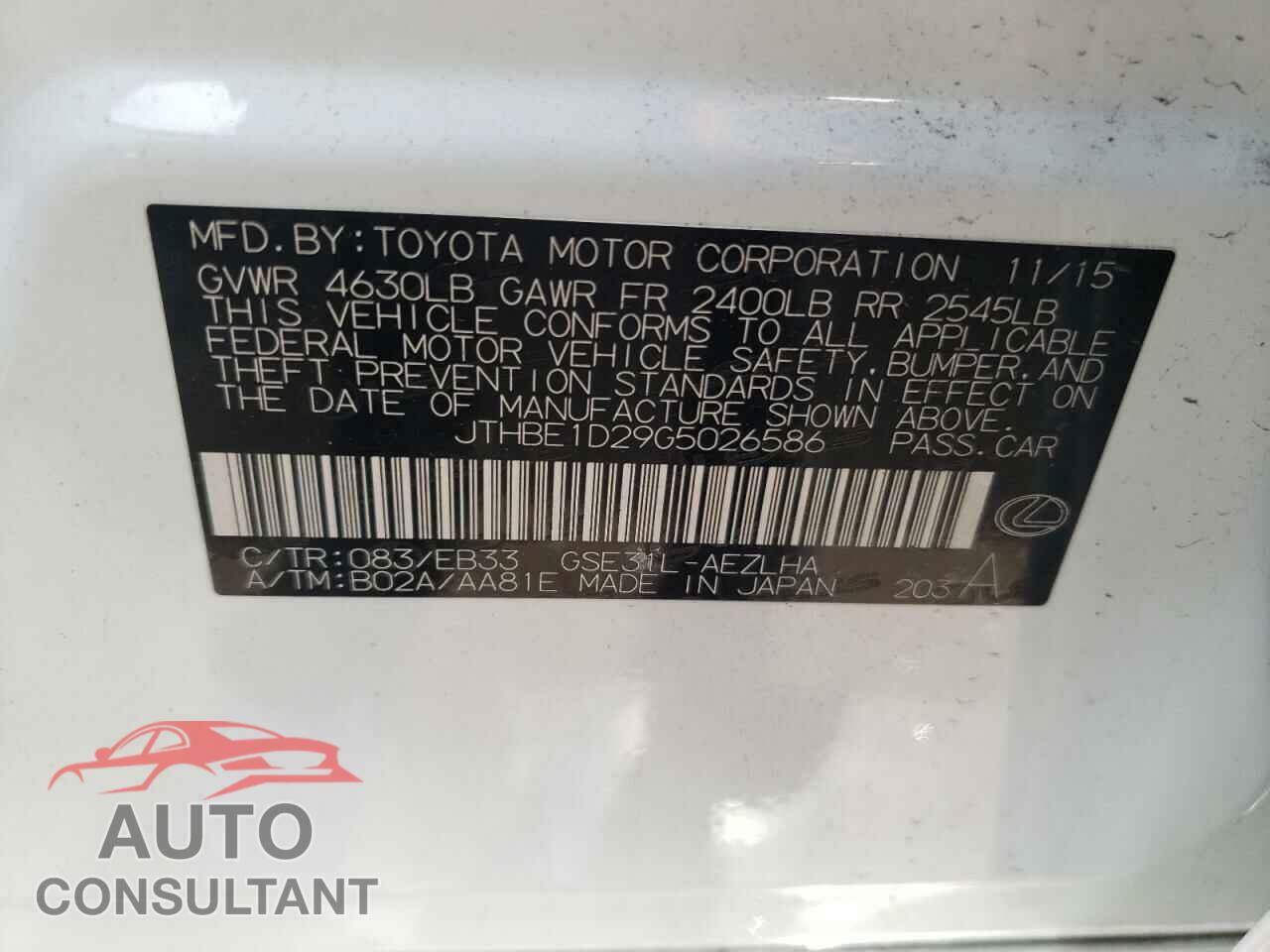 LEXUS IS 2016 - JTHBE1D29G5026586