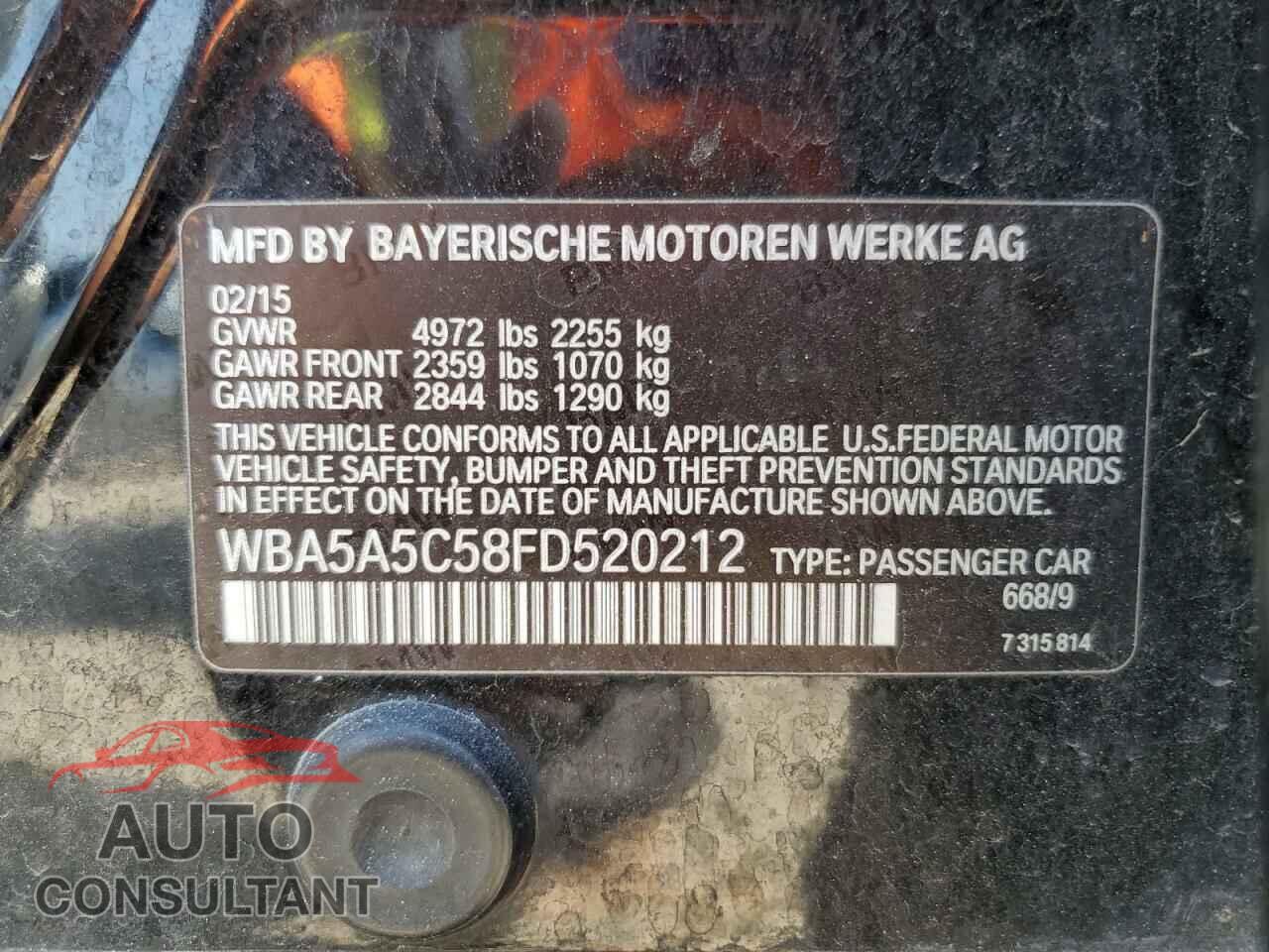 BMW 5 SERIES 2015 - WBA5A5C58FD520212