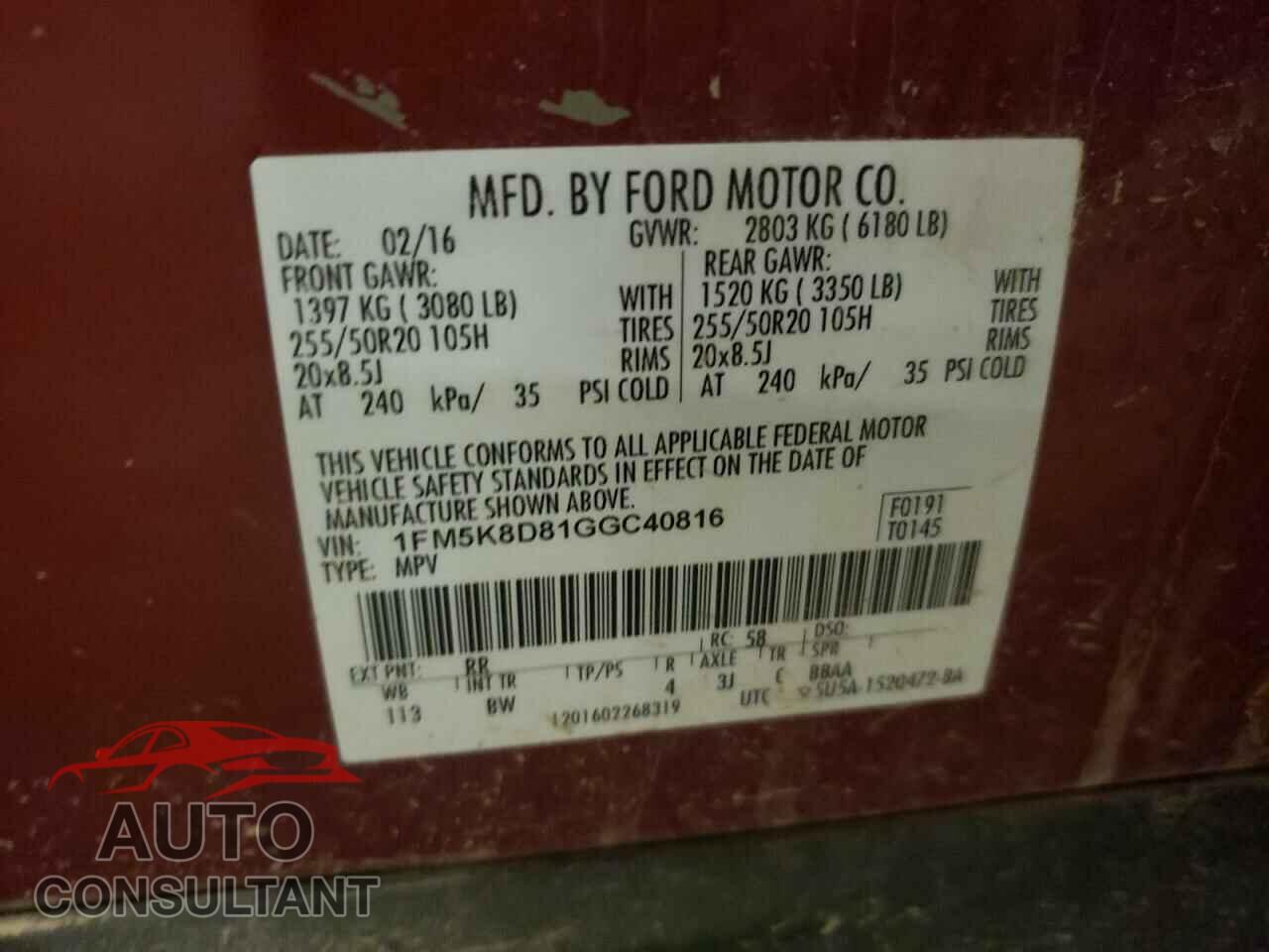 FORD EXPLORER 2016 - 1FM5K8D81GGC40816
