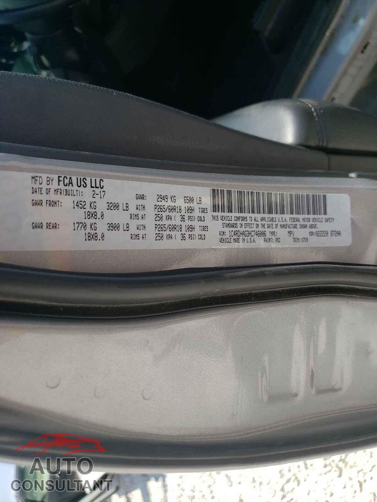 DODGE DURANGO 2017 - 1C4RDHAG3HC746006