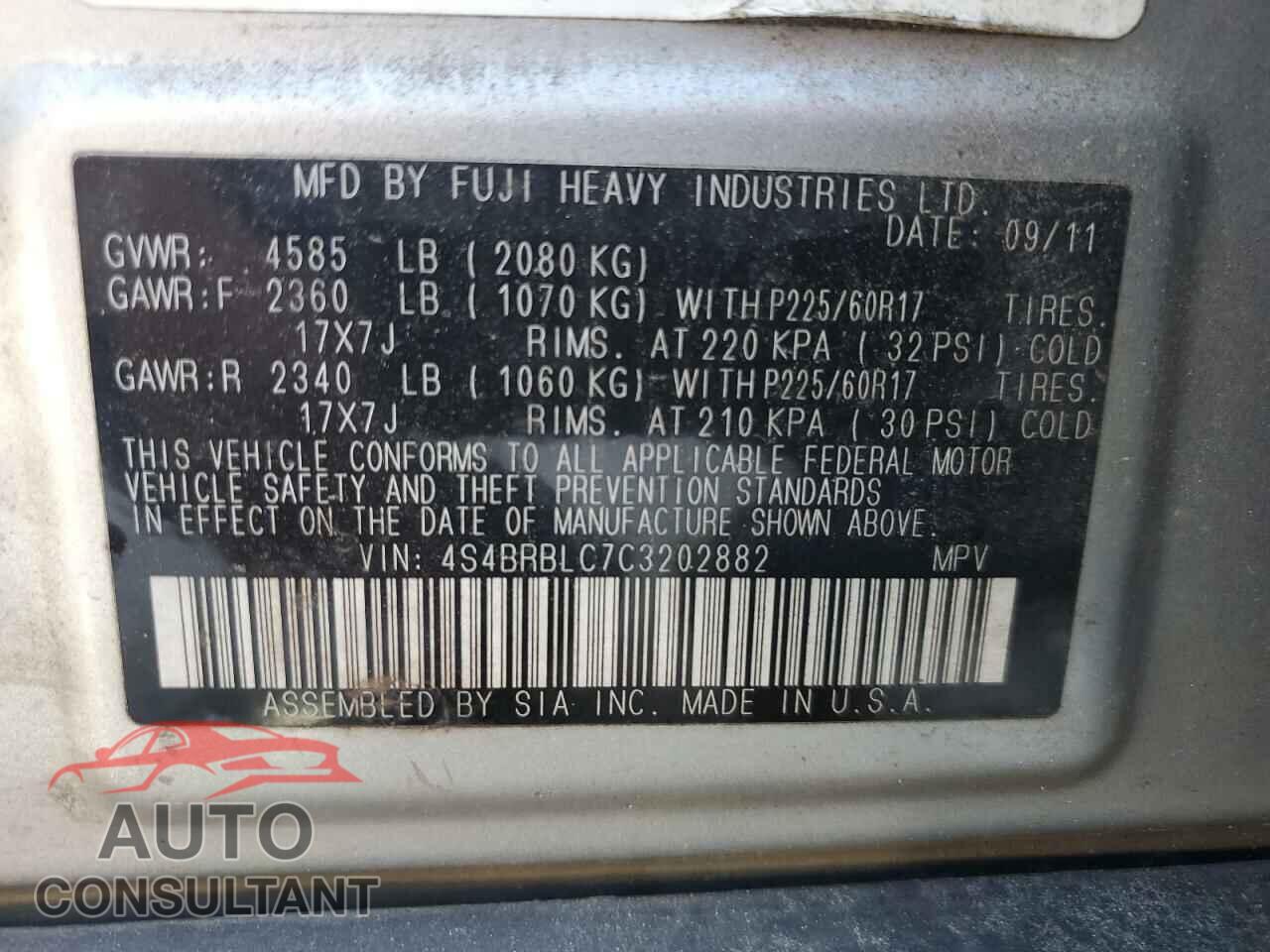 SUBARU OUTBACK 2012 - 4S4BRBLC7C3202882