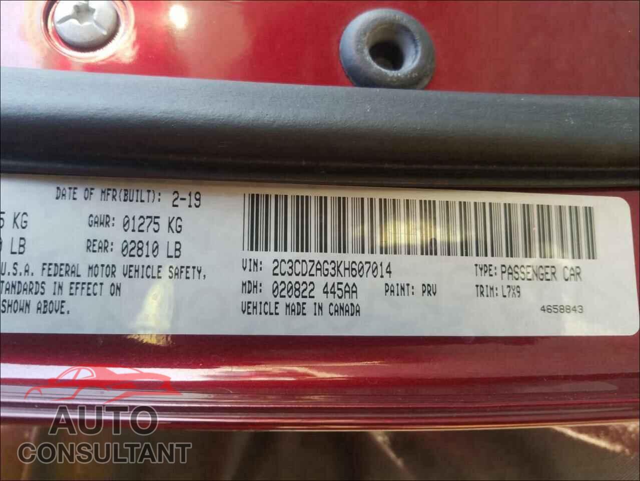 DODGE CHALLENGER 2019 - 2C3CDZAG3KH607014