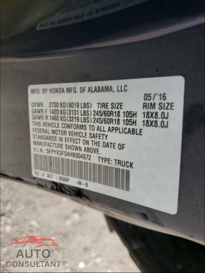 HONDA RIDGELINE 2017 - 5FPYK3F54HB004672