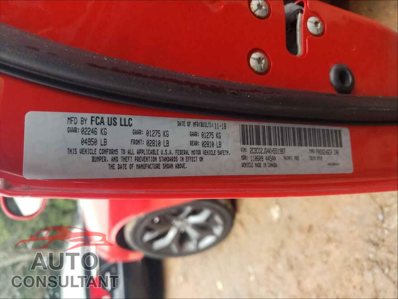 DODGE CHALLENGER 2019 - 2C3CDZJG4KH551987