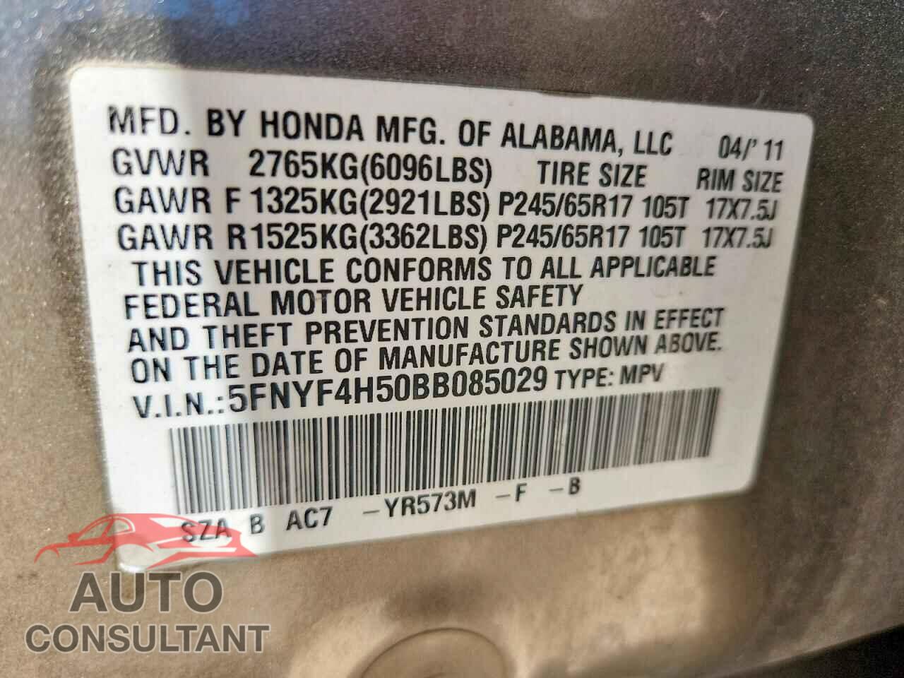 HONDA PILOT 2011 - 5FNYF4H50BB085029