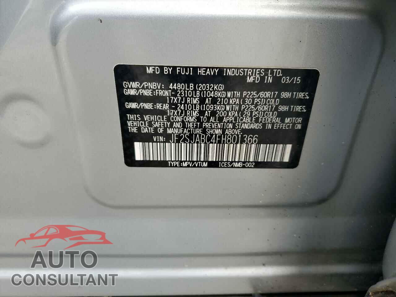 SUBARU FORESTER 2015 - JF2SJABC4FH801366