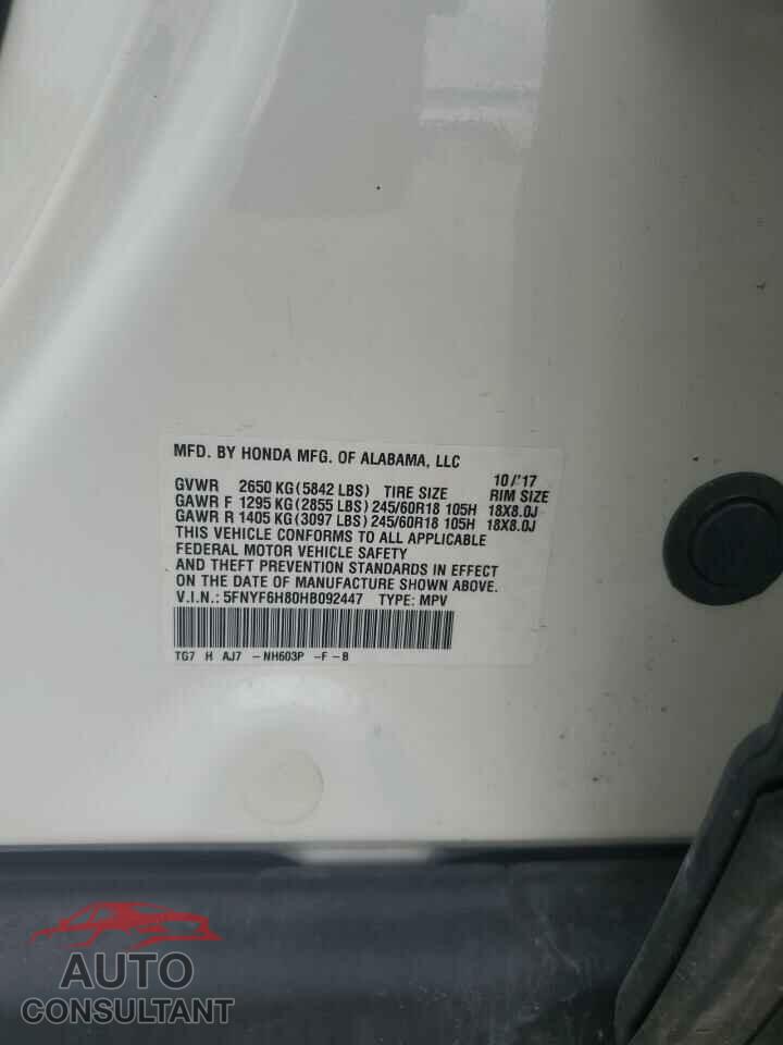 HONDA PILOT 2017 - 5FNYF6H80HB092447