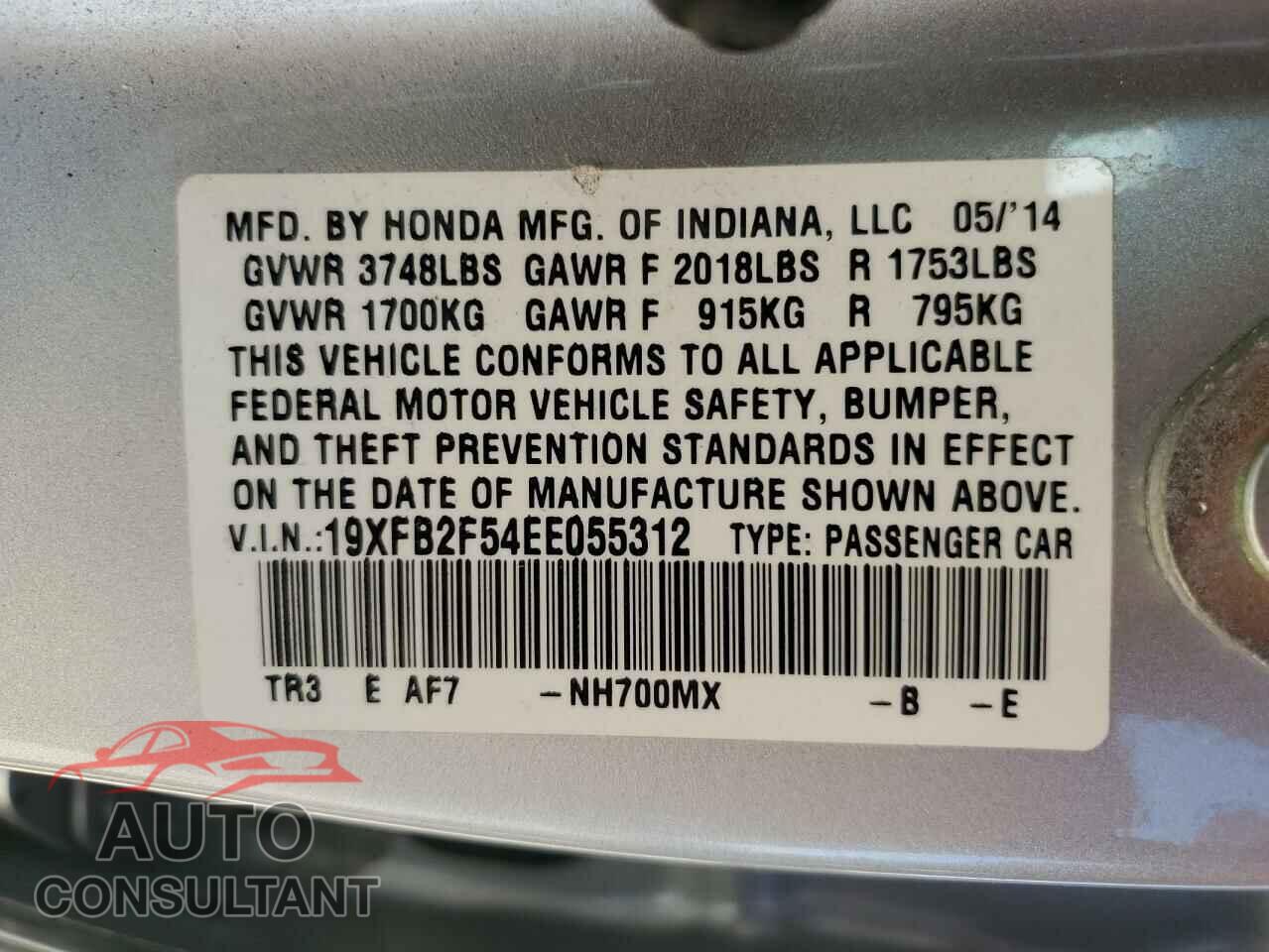 HONDA CIVIC 2014 - 19XFB2F54EE055312