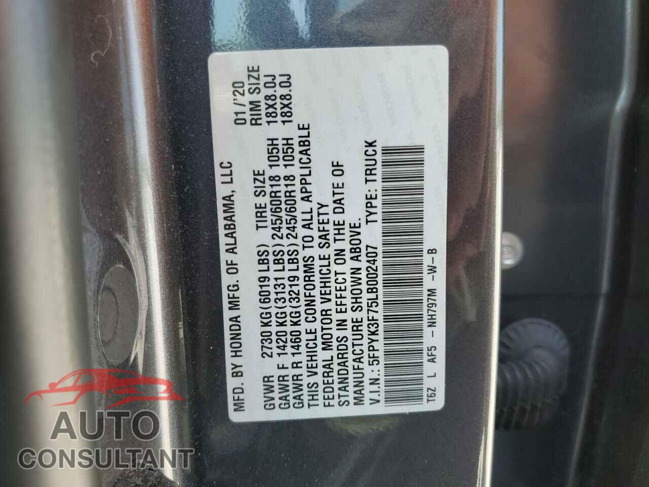 HONDA RIDGELINE 2020 - 5FPYK3F75LB002407