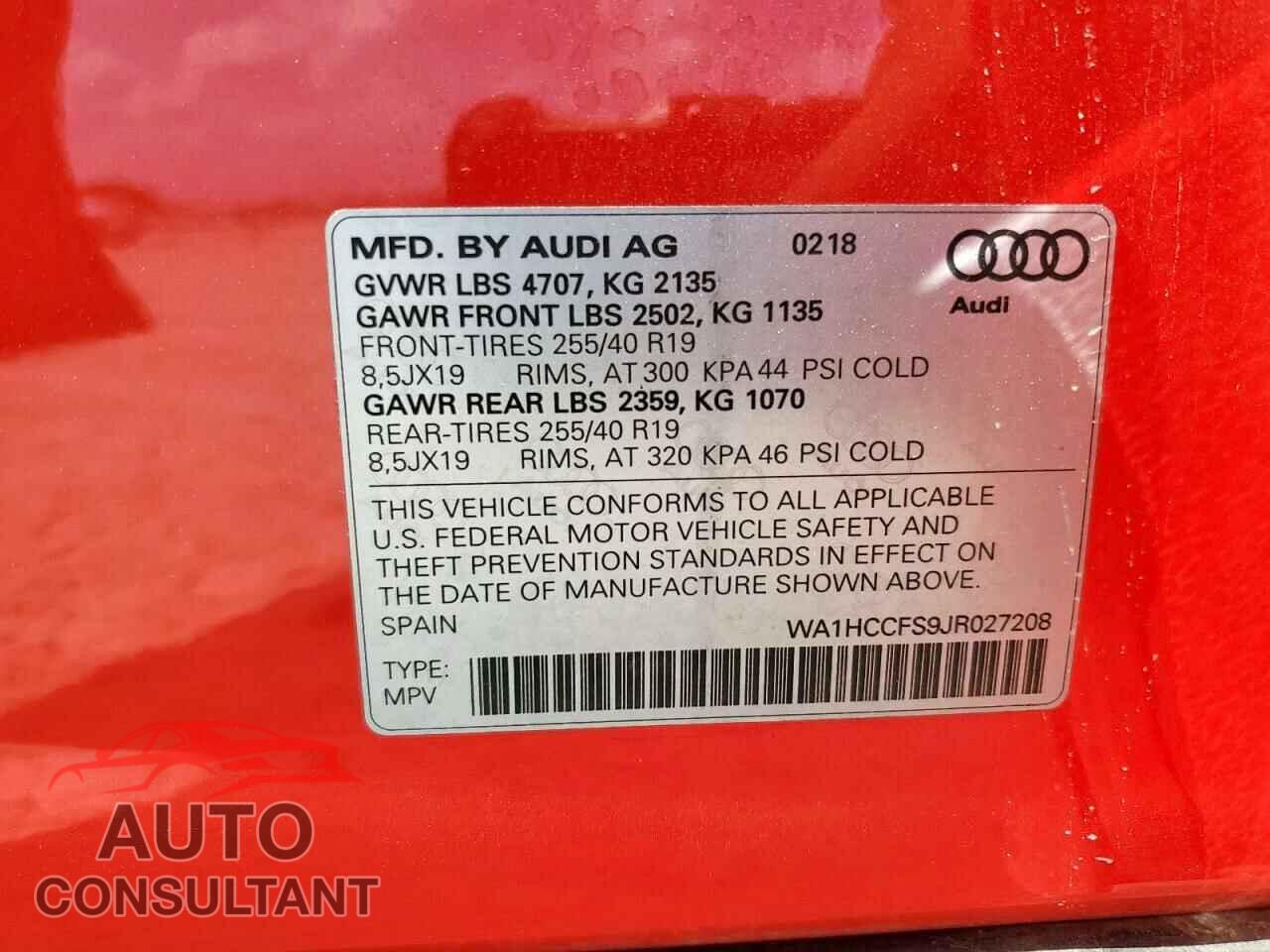 AUDI Q3 2018 - WA1HCCFS9JR027208