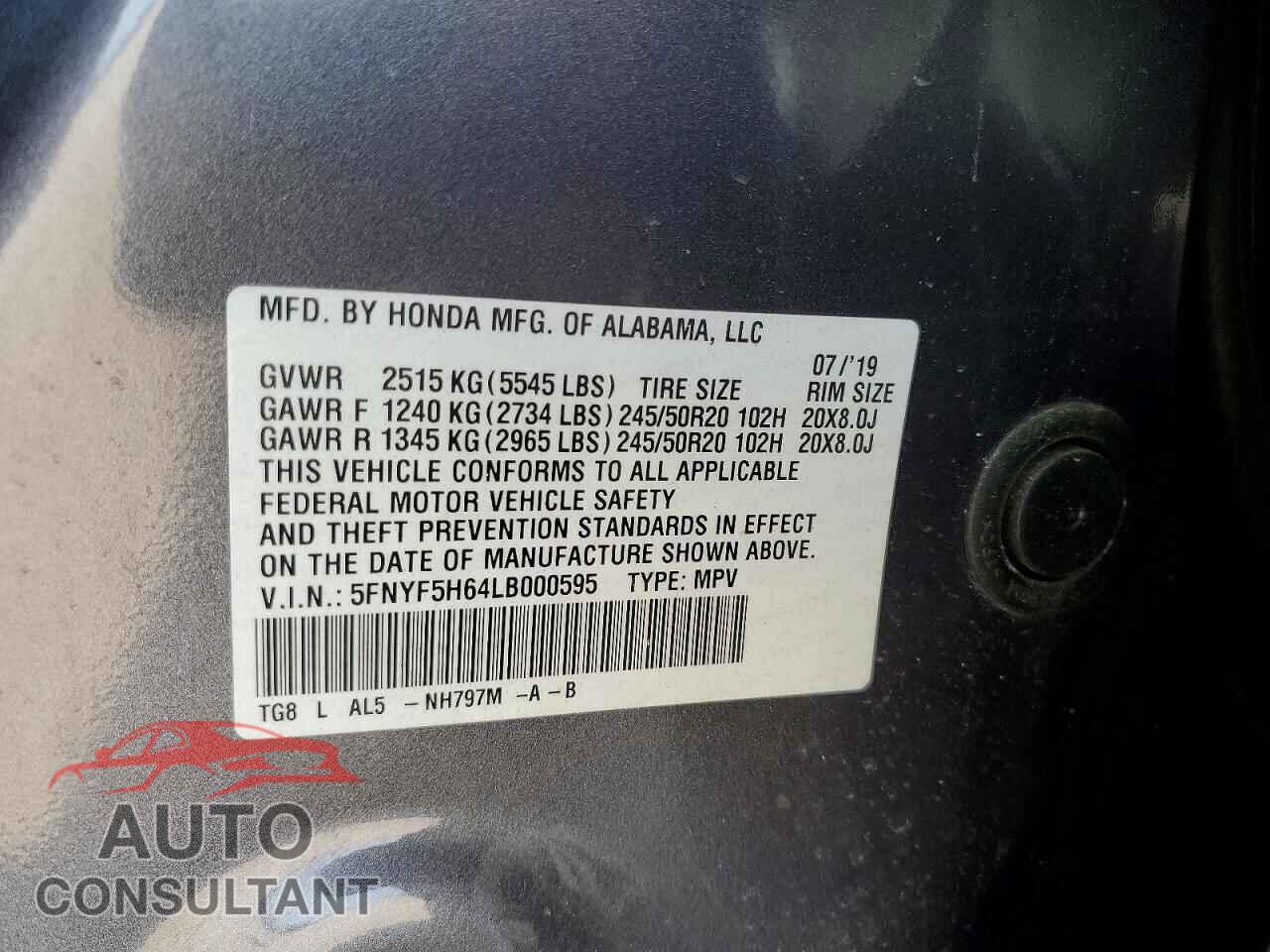 HONDA PILOT 2020 - 5FNYF5H64LB000595