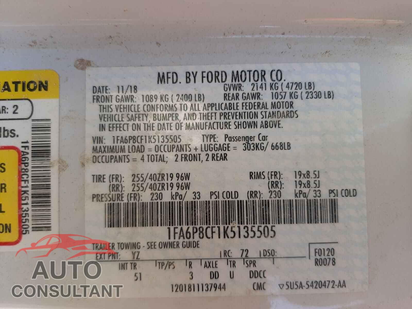 FORD MUSTANG 2019 - 1FA6P8CF1K5135505