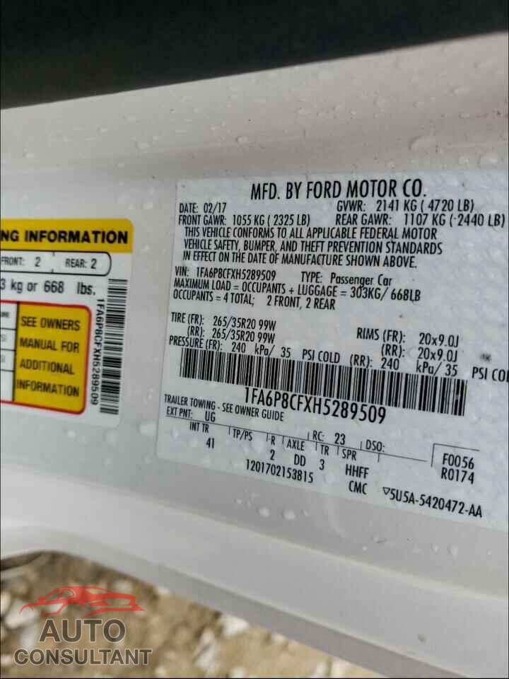 FORD MUSTANG 2017 - 1FA6P8CFXH5289509