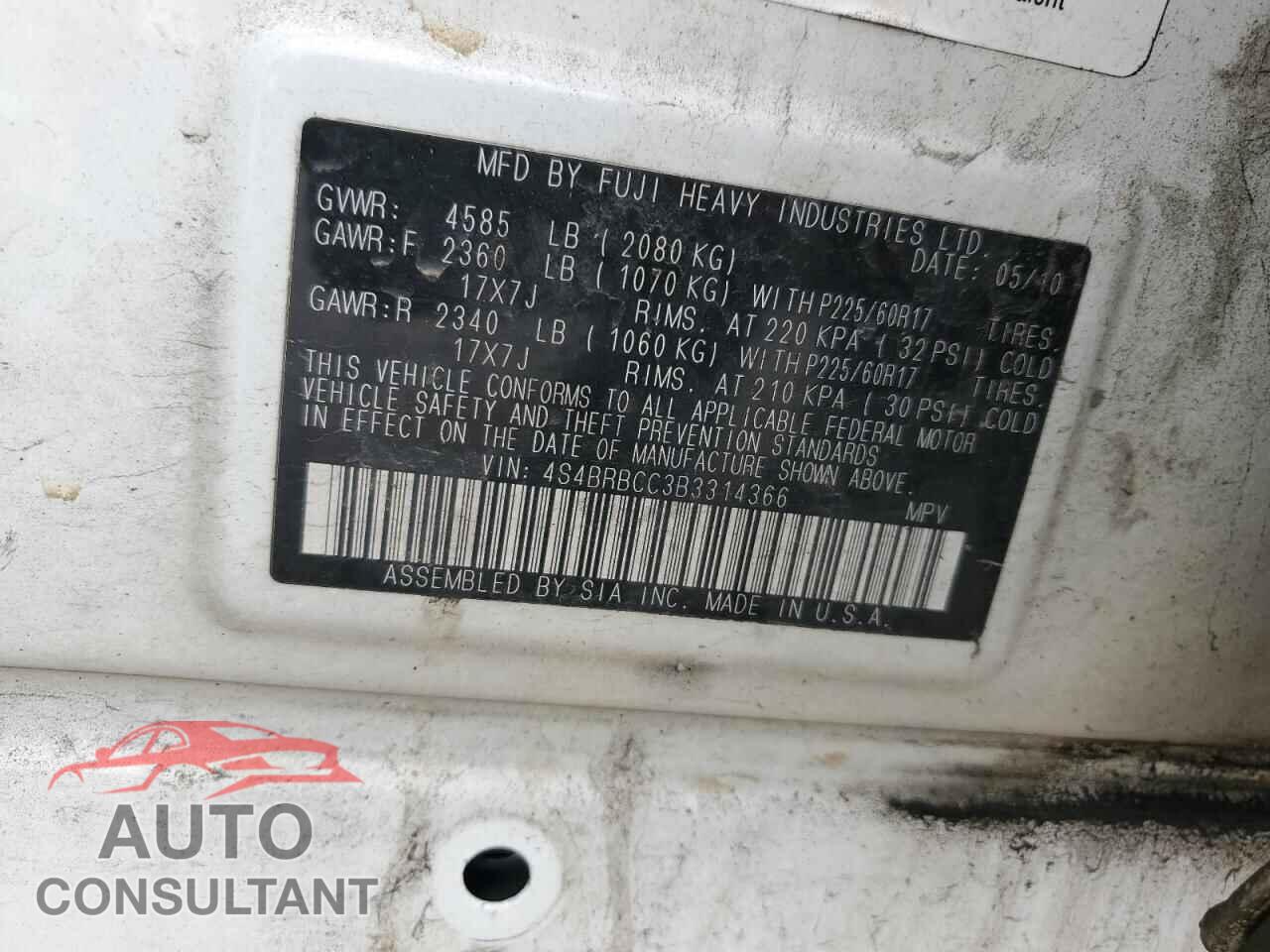SUBARU OUTBACK 2011 - 4S4BRBCC3B3314366