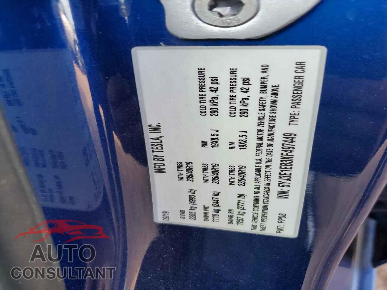 TESLA MODEL 3 2019 - 5YJ3E1EB3KF497449