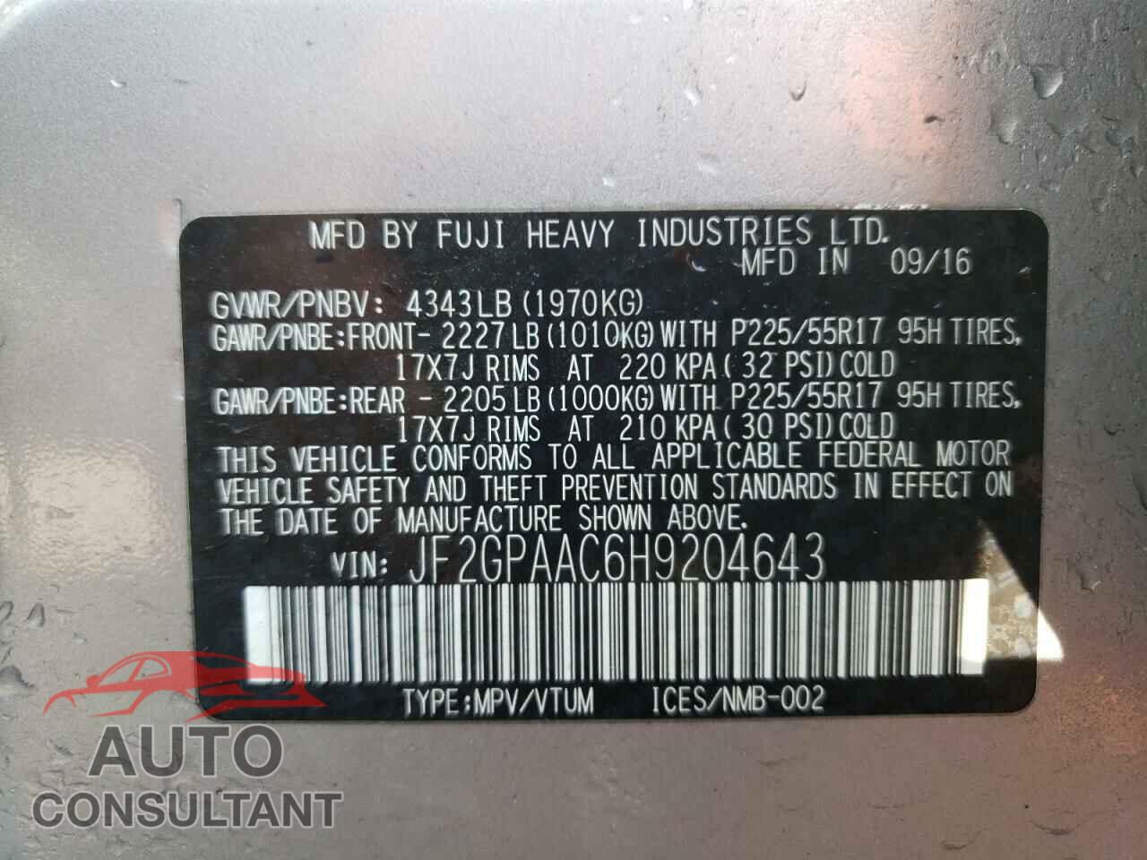 SUBARU CROSSTREK 2017 - JF2GPAAC6H9204643