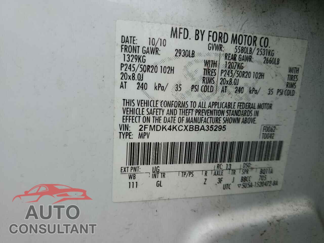FORD EDGE 2011 - 2FMDK4KCXBBA35295