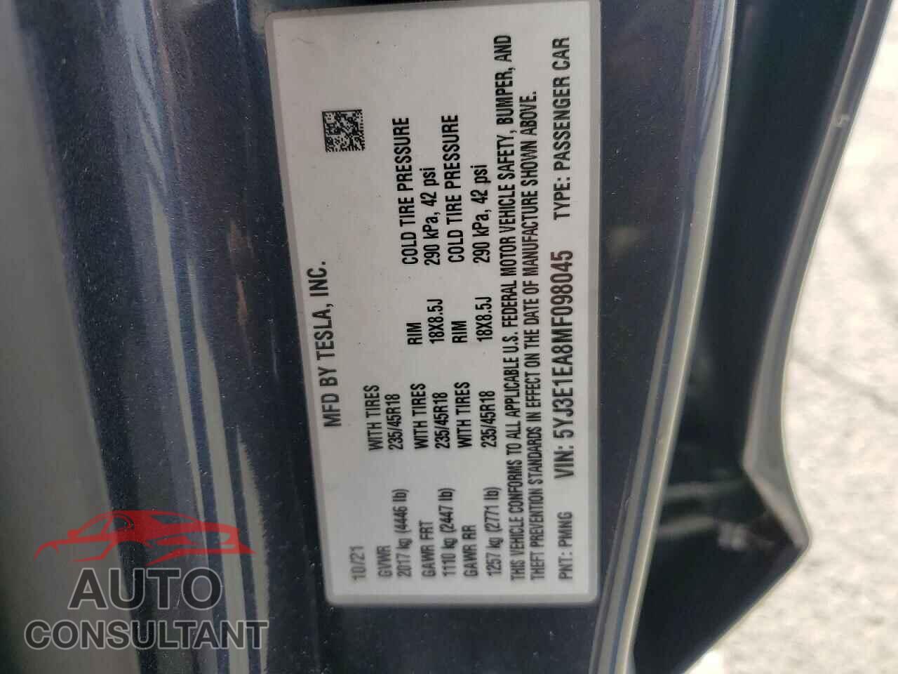 TESLA MODEL 3 2021 - 5YJ3E1EA8MF098045