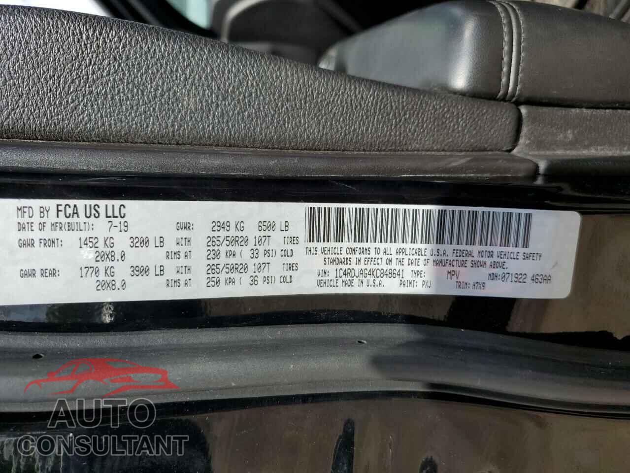 DODGE DURANGO 2019 - 1C4RDJAG4KC848641