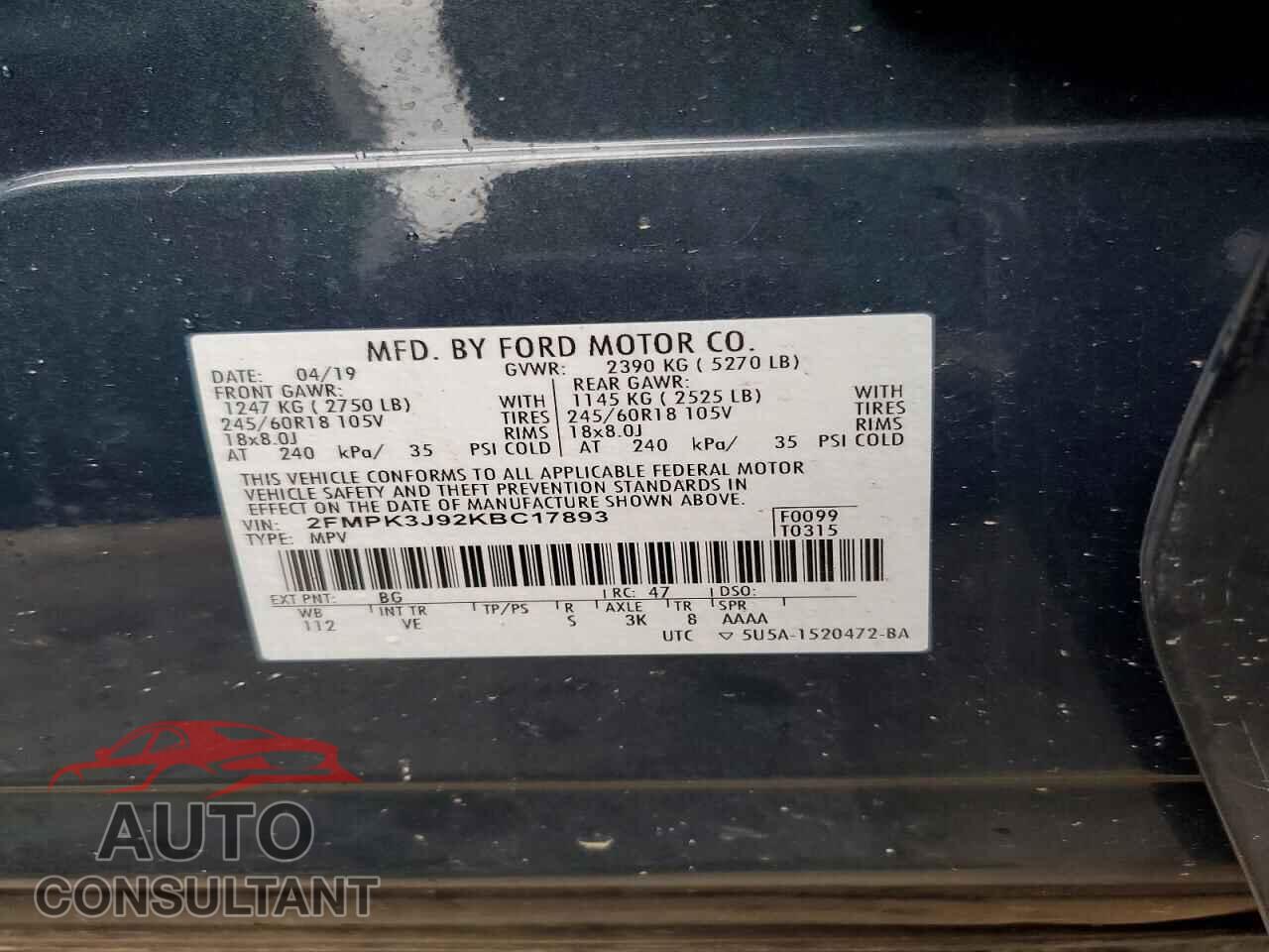 FORD EDGE 2019 - 2FMPK3J92KBC17893