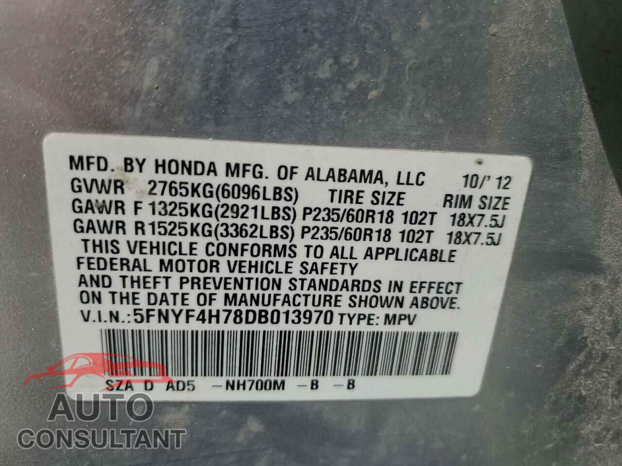 HONDA PILOT 2013 - 5FNYF4H78DB013970