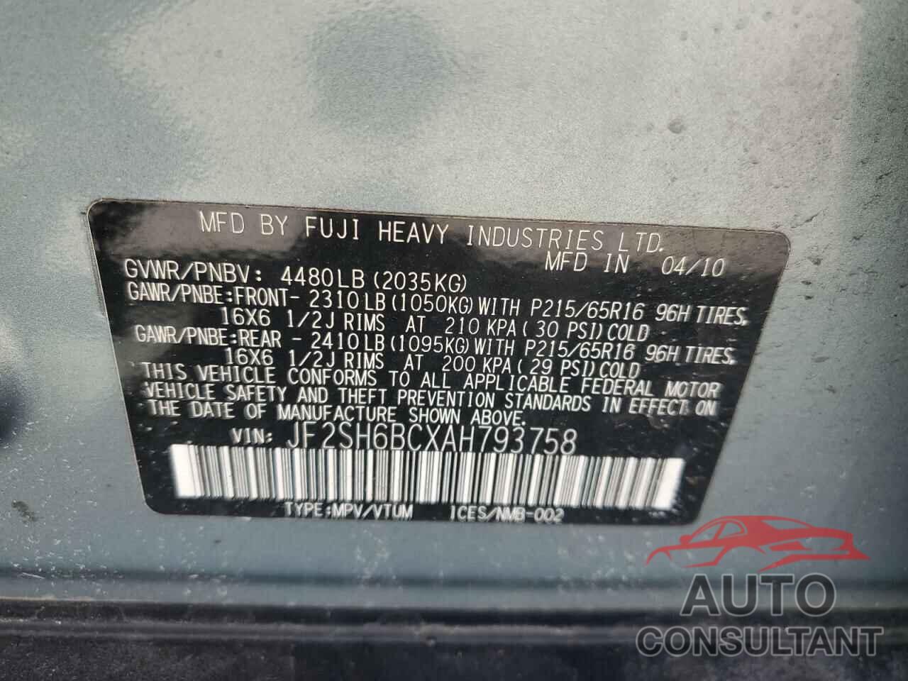 SUBARU FORESTER 2010 - JF2SH6BCXAH793758