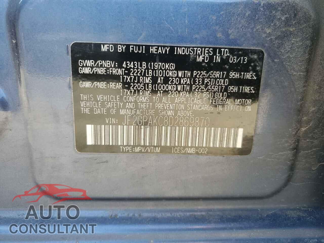 SUBARU XV 2013 - JF2GPAKC8D2869870