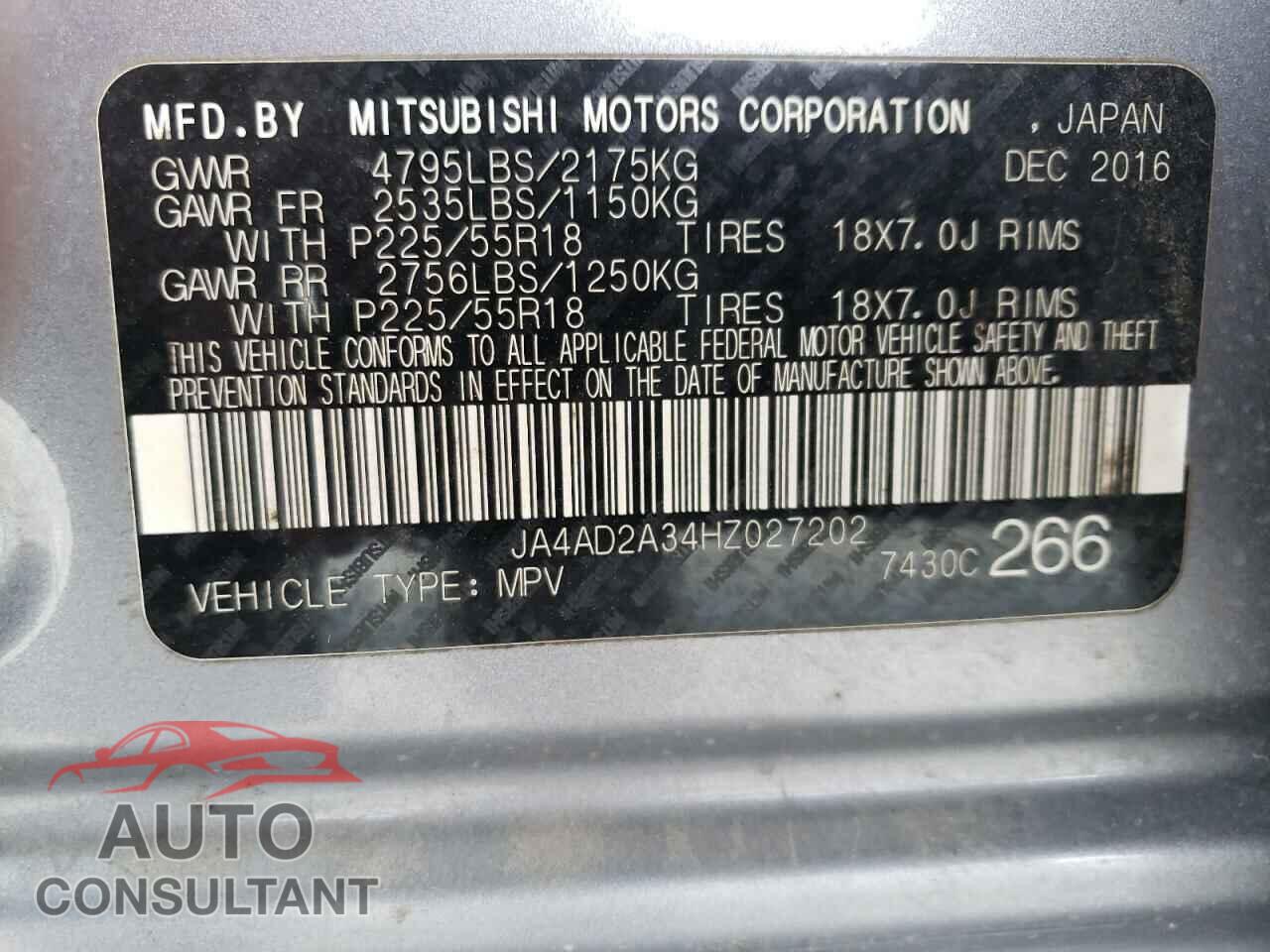 MITSUBISHI OUTLANDER 2017 - JA4AD2A34HZ027202