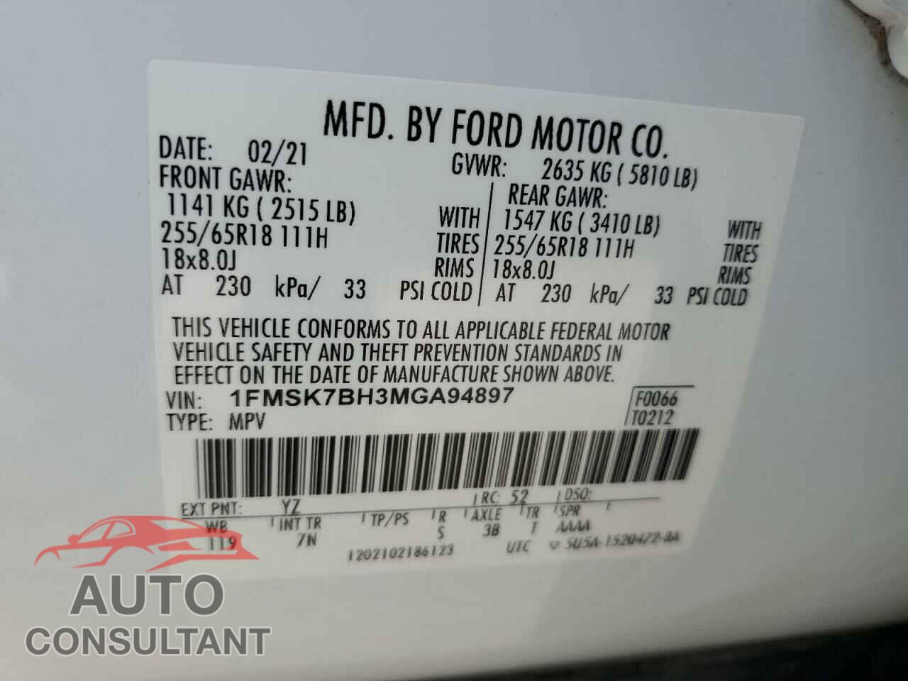 FORD EXPLORER 2021 - 1FMSK7BH3MGA94897