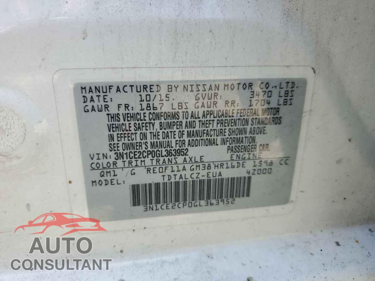 NISSAN VERSA 2016 - 3N1CE2CP0GL363952