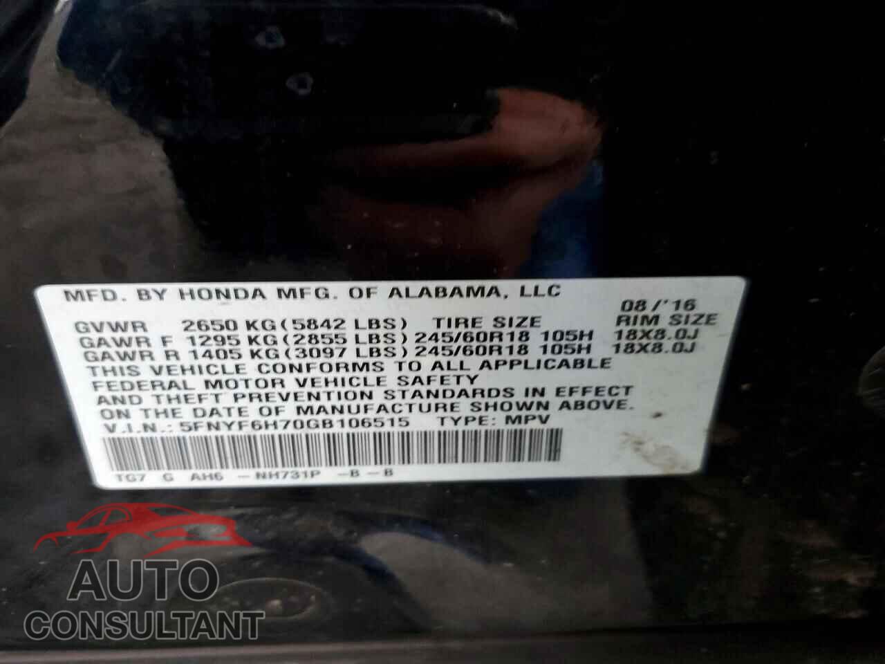 HONDA PILOT 2016 - 5FNYF6H70GB106515
