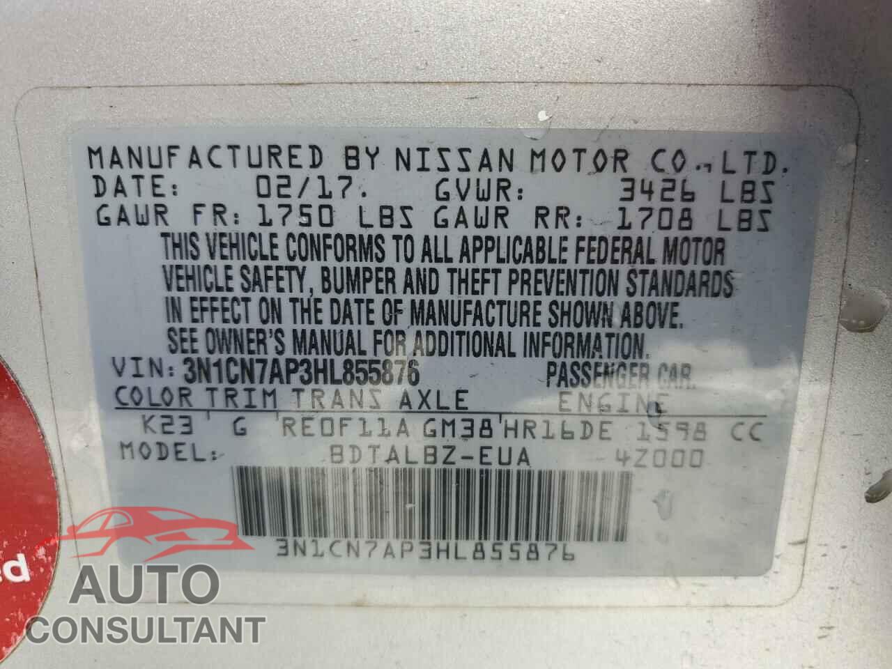 NISSAN VERSA 2017 - 3N1CN7AP3HL855876