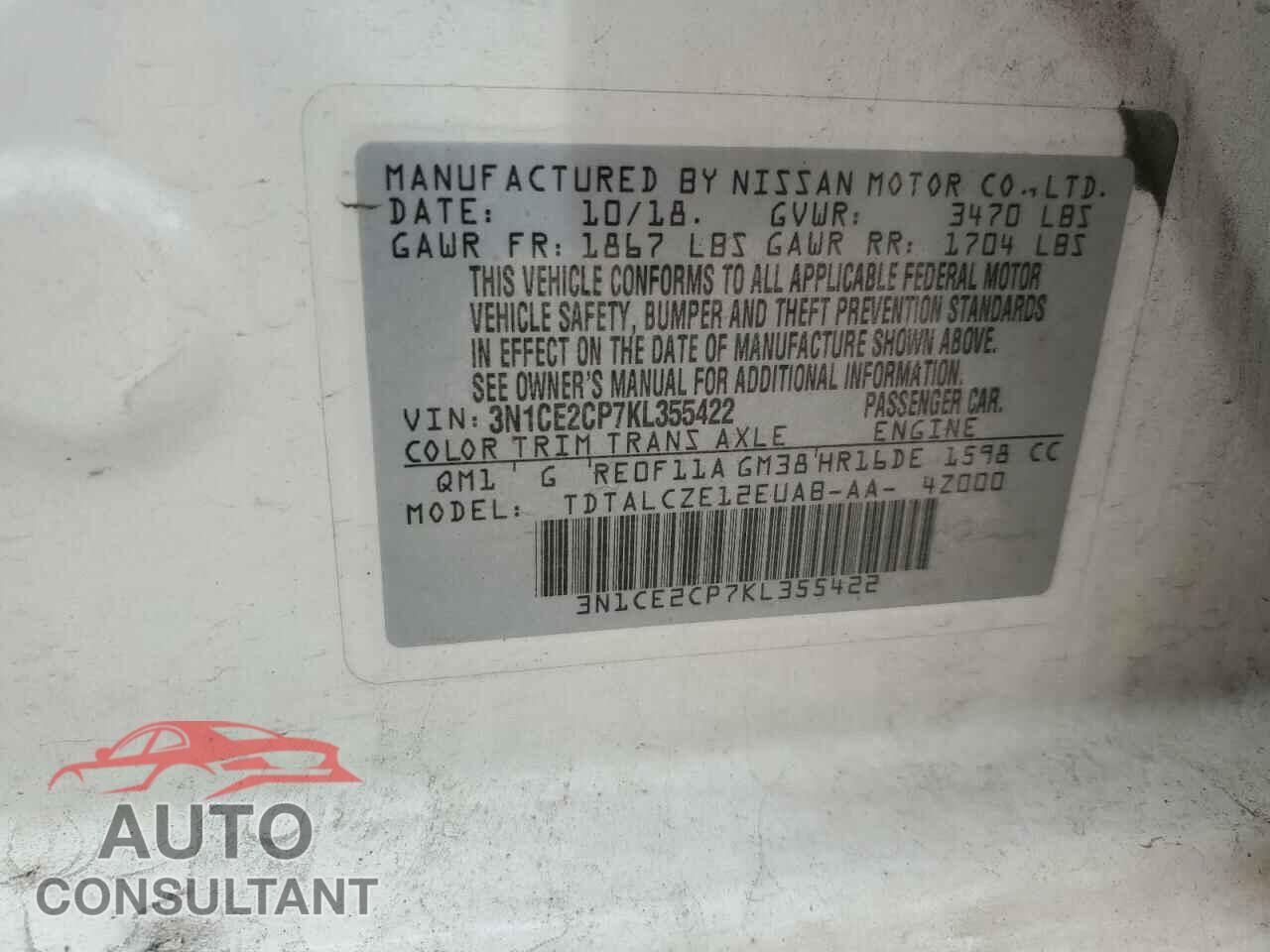 NISSAN VERSA 2019 - 3N1CE2CP7KL355422