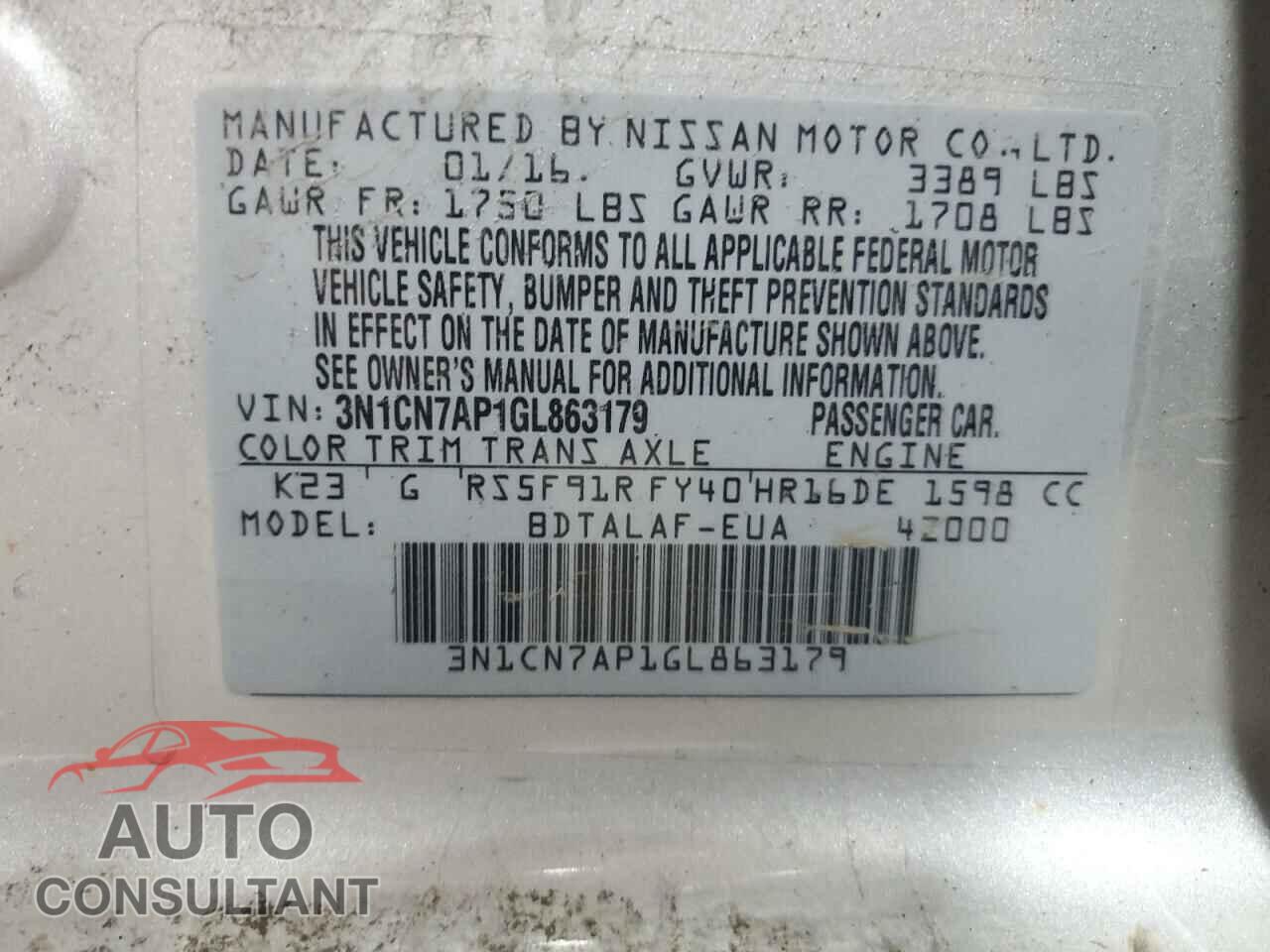 NISSAN VERSA 2016 - 3N1CN7AP1GL863179