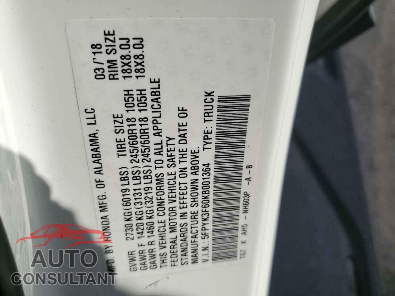 HONDA RIDGELINE 2019 - 5FPYK3F60KB001364