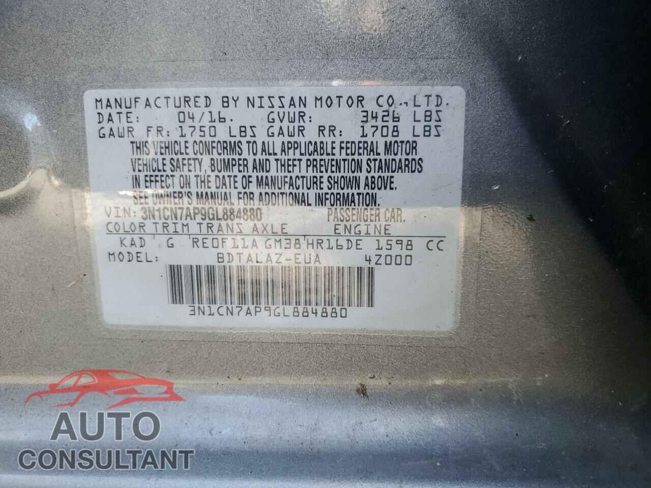 NISSAN VERSA 2016 - 3N1CN7AP9GL884880