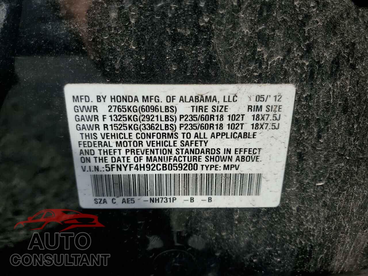 HONDA PILOT 2012 - 5FNYF4H92CB059200
