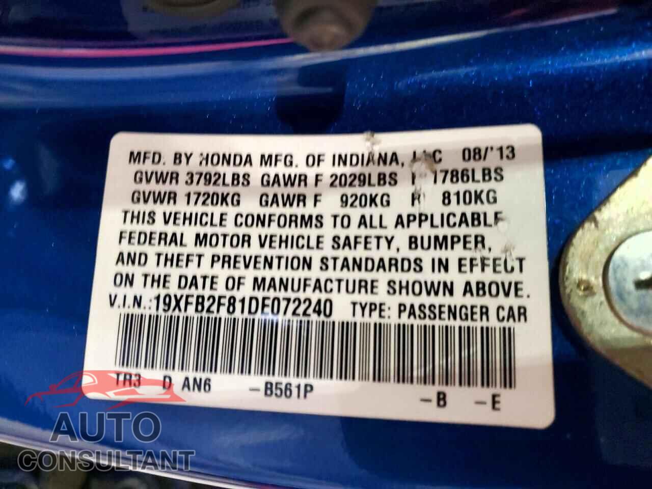 HONDA CIVIC 2013 - 19XFB2F81DE072240