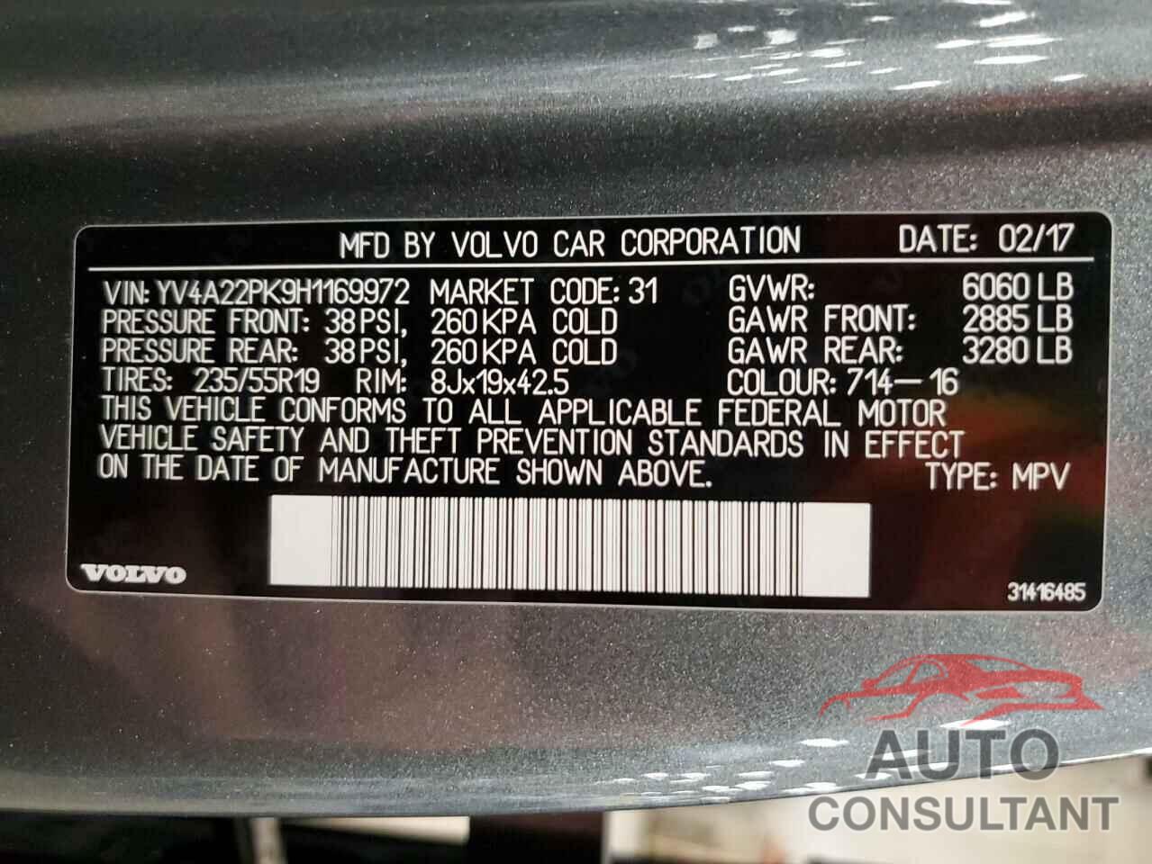 VOLVO XC90 2017 - YV4A22PK9H1169972