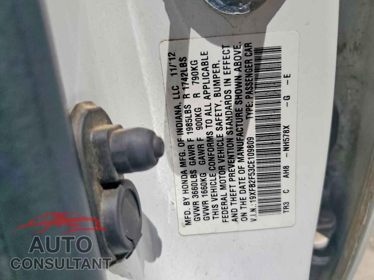 HONDA CIVIC 2012 - 19XFB2F53CE109809
