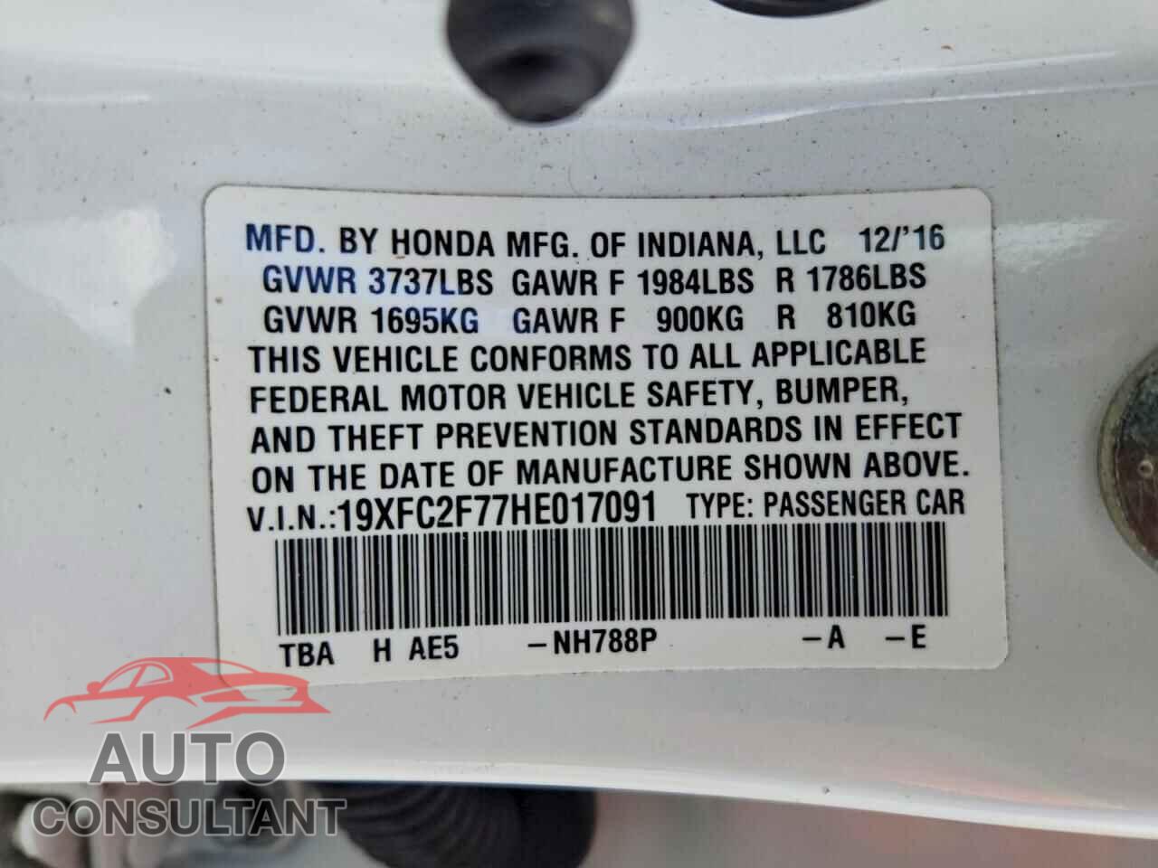 HONDA CIVIC 2017 - 19XFC2F77HE017091