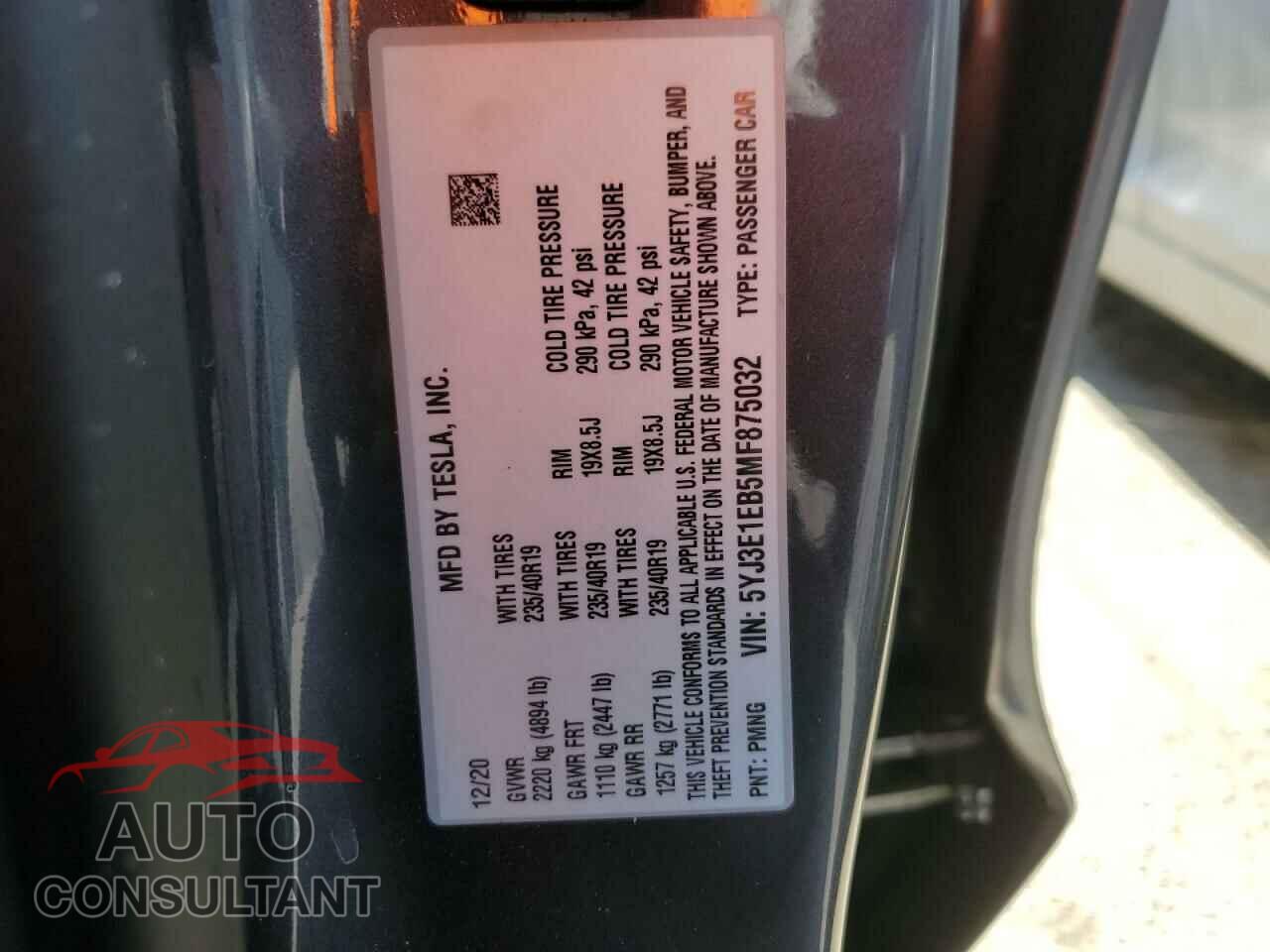 TESLA MODEL 3 2021 - 5YJ3E1EB5MF875032