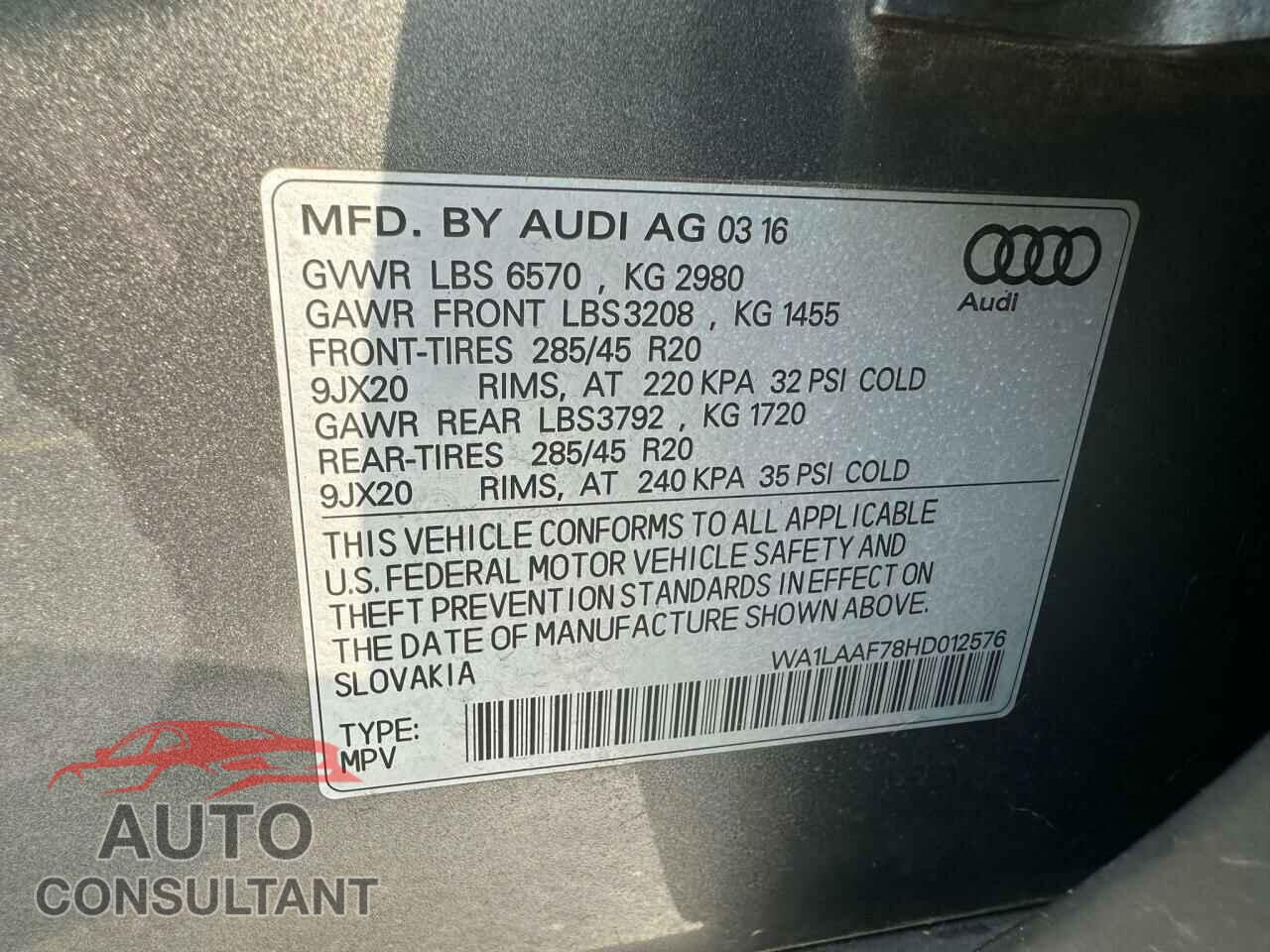 AUDI Q7 2017 - WA1LAAF78HD012576