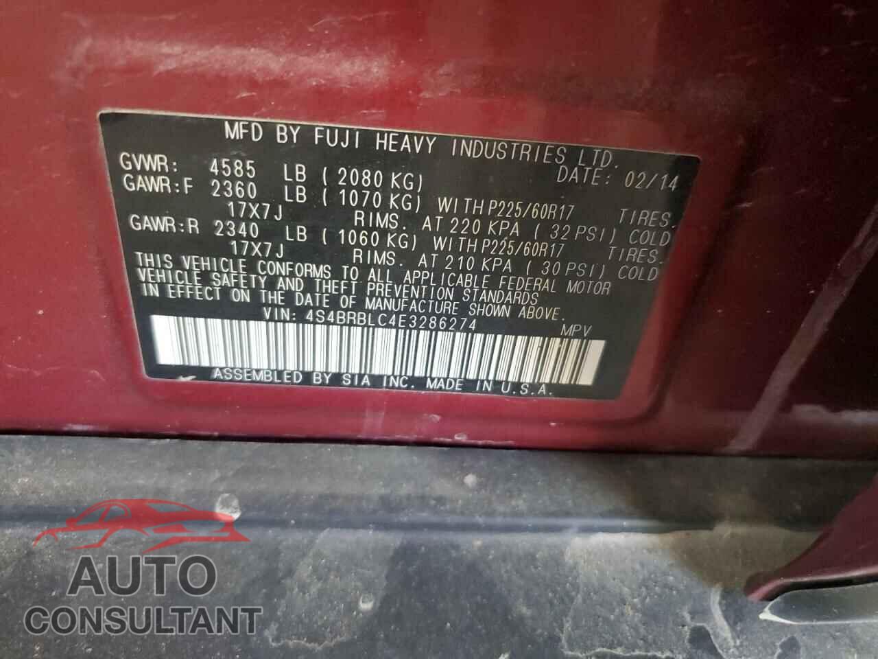 SUBARU OUTBACK 2014 - 4S4BRBLC4E3286274