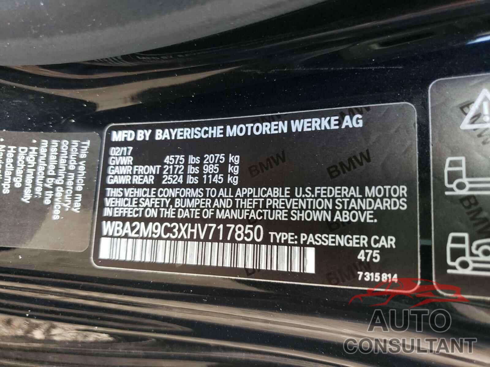 BMW 2 SERIES 2017 - WBA2M9C3XHV717850