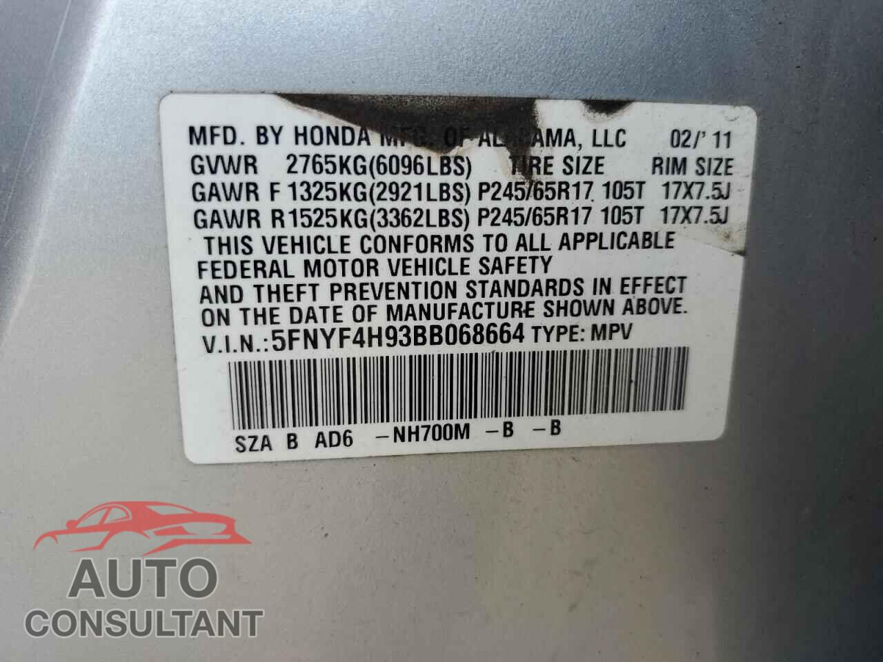 HONDA PILOT 2011 - 5FNYF4H93BB068664