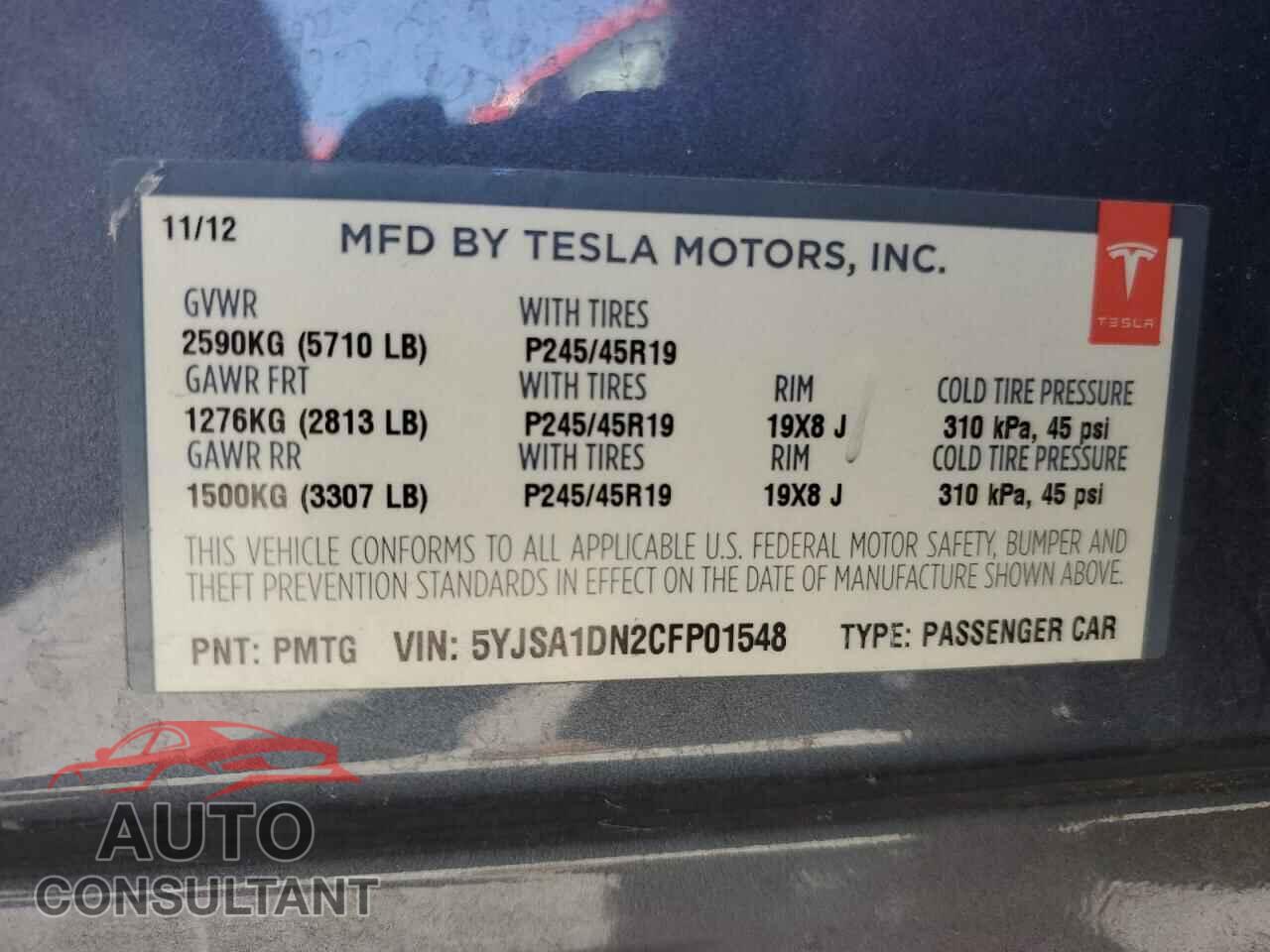 TESLA MODEL S 2012 - 5YJSA1DN2CFP01548